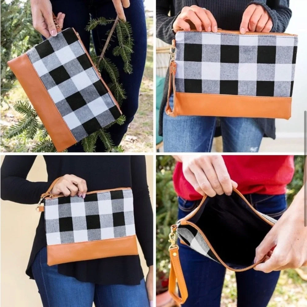 LAST ONE: Black white Buffalo plaid faux leather detail wristlet clutch - Picture 4 of 7